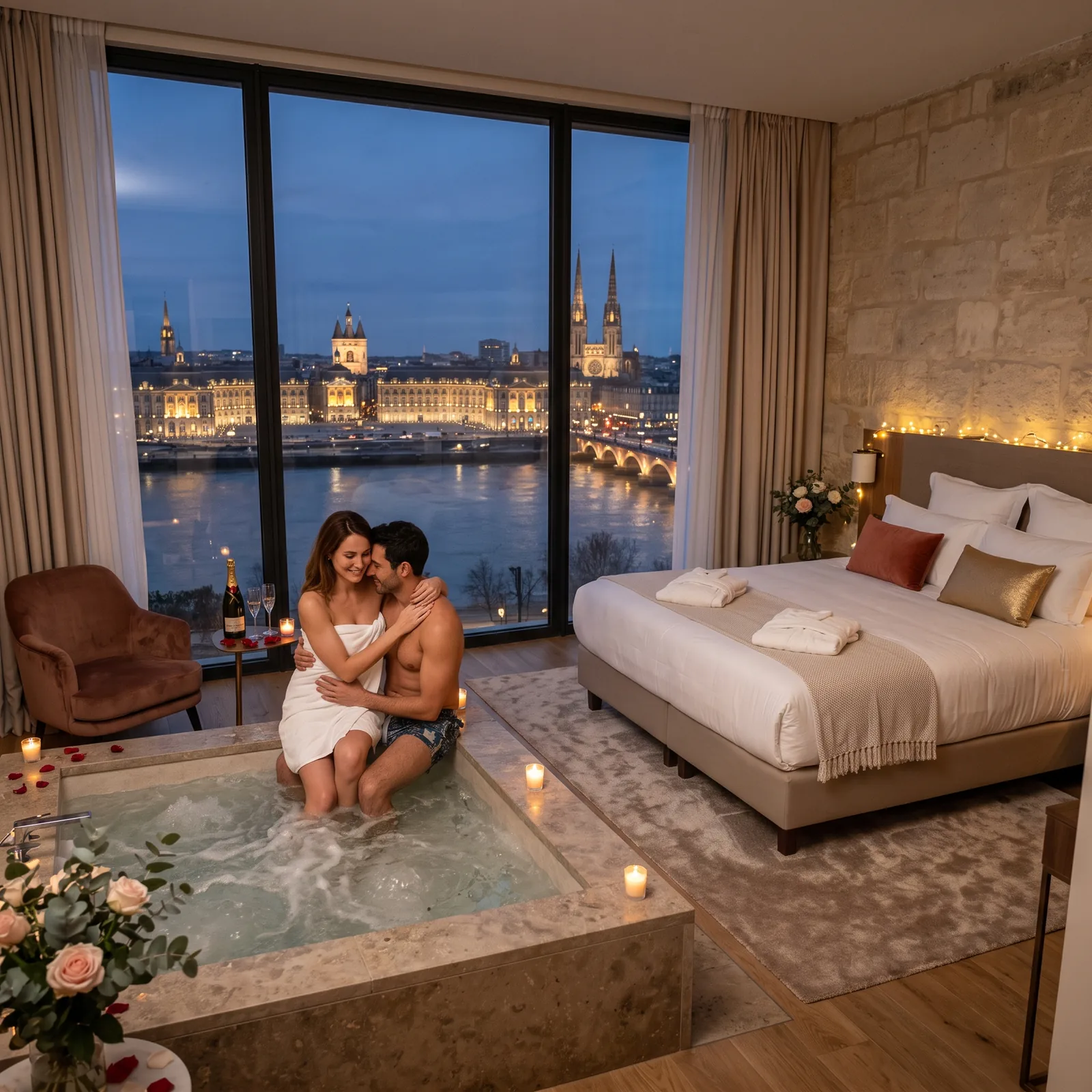 Illustration : love room avec jacuzzi face à la Garonne et à la place de la Bourse, à Bordeaux